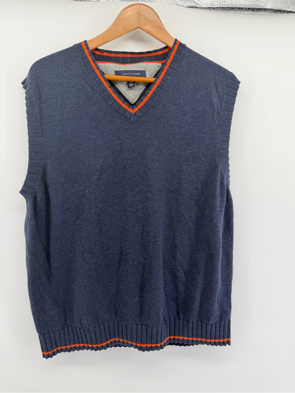 Tommy Hilfiger Navy V-Neck Sleeveless Sweater Vest with Orange Trim
